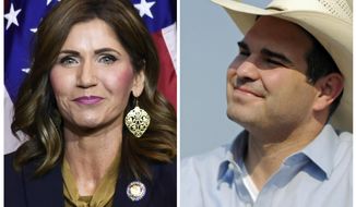 FILE - This combination of file photos shows South Dakota gubernatorial candidates, Republican Kristi Noem, left, and Democrat Bille Sutton. A federal campaign finance report filed Monday, Oct. 15, 2018, shows that two women related by marriage to Sutton gave a combined $2,500 to support Noem. (AP Photo/File)