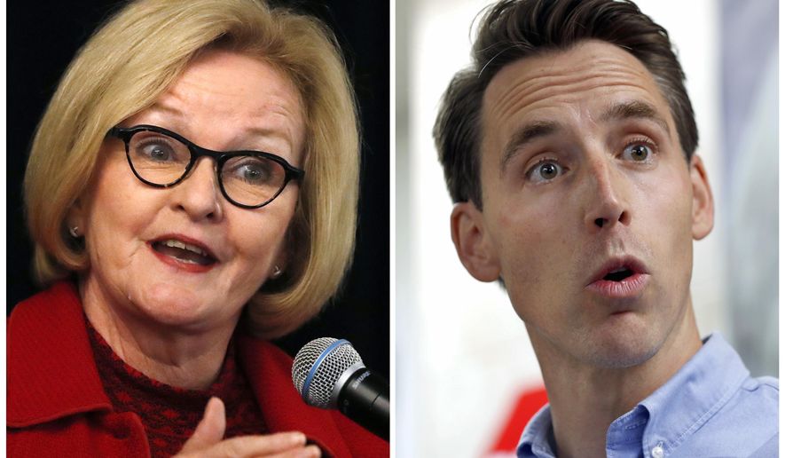 FILE - This combination of file photos shows Missouri U.S. Senate candidates in the November election, Democratic incumbent Sen. Claire McCaskill, left, and her Republican challenger Josh Hawley. In ads and speeches, McCaskill is pounding Missouri voters with a single message: Her Republican challenger wants to end health insurance protections for people with pre-existing conditions. Hawley, says it&#39;s not true and has been forced to defend himself. (AP Photo/Jeff Roberson, File)