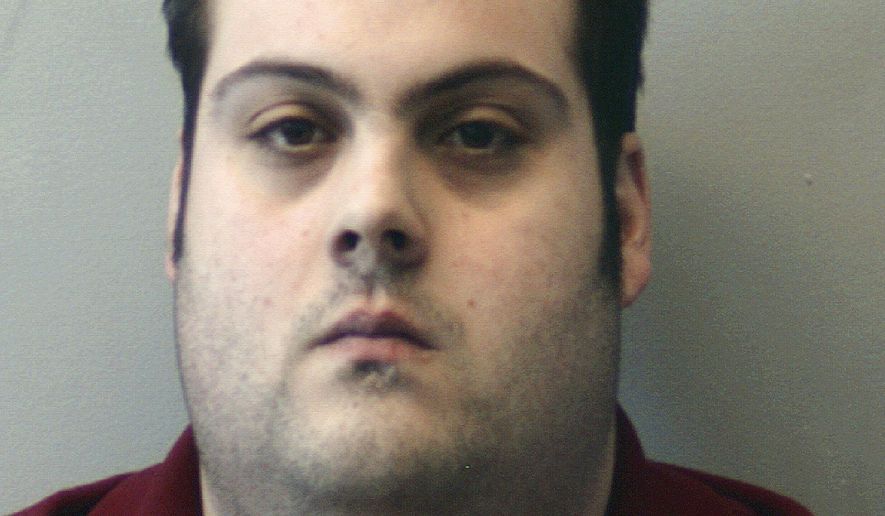 FILE - This file booking photo released March 1, 2018, by the Beverly Police Department shows Daniel Frisiello, of Beverly, Mass., accused of mailing five envelopes in February with threatening messages and a white substance, including one to Donald Trump Jr., that landed his wife, Vanessa, in the hospital. Frisiello is expected to plead guilty Wednesday, Oct. 17, 2018, in federal court in Boston. (Beverly Police Department via AP, File)