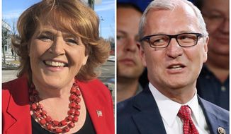 FILE - This combination of file photos shows the candidates for the U.S. Senate from North Dakota from left, incumbent Democratic Sen. Heidi Heitkamp and her Republican challenger Kevin Cramer. Heitkamp is sharpening her attacks on Cramer on the tariffs issue, with a new ad out Friday, Sept. 14, 2018, that blames her opponent for not opposing tariffs that Heitkamp says are badly damaging North Dakota farmers.&amp;#160;(AP Photo/File)