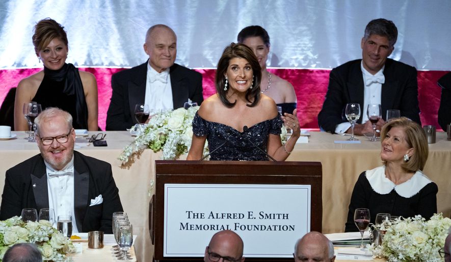 Keynote speaker Ambassador to the United Nations Nikki Haley addresses the 73rd Annual Alfred E. Smith Memorial Foundation Dinner Thursday, Oct. 18, 2018, in New York. (AP Photo/Craig Ruttle)