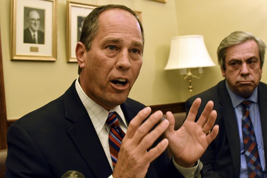 The Pennsylvania Senate's top Republican, President Pro Tempore Joe Scarnatii, speaks at a news conference in his Capitol offices after legislation to respond to a landmark state grand jury report accusing hundreds of Roman Catholic priests of sexually abusing children over decades stalled in the Legislature, Wednesday, Oct. 17, 2018, in Harrisburg, Pa. (AP Photo/Marc Levy)