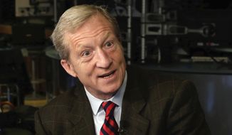 In this April 2, 2018, file photo, billionaire environmentalist Tom Steyer is interviewed on Cheddar on the floor of the New York Stock Exchange.  (AP Photo/Richard Drew, File) **FILE**