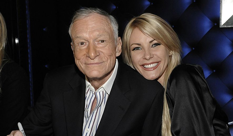 Hugh Hefner, born 1926 and Crystal Harris, born 1986, Age Difference: 60 years Hugh Hefner, left, and model Crystal Harris at a party celebrating the release of the book "Hugh Hefner's Playboy" a limited edition anthology by Taschen in Beverly Hills, Calif. on Thursday, Dec. 10, 2009. (AP Photo/Dan Steinberg)