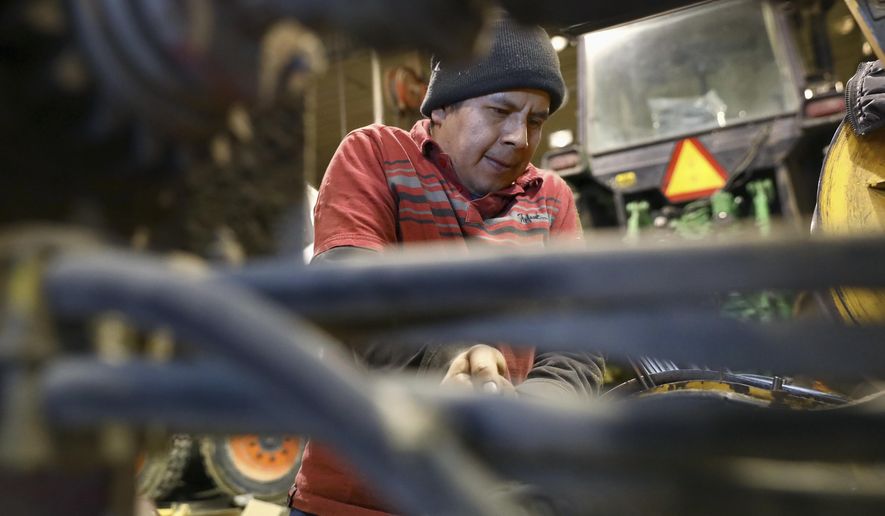 In this March 8, 2017, photo, provided by the Wisconsin Center for Investigative Journalism, Roberto Tecpile, a Mexican employee at Rosenholm farm in Cochrane, Wis., works in the machine shop fixing an alfalfa cropper. The owner of the dairy farm, John Rosenow, says his farm could not operate without immigrant labor, and claims none of the dairy farms in Wisconsin could continue to operate without relying on immigrants. Tecpile has been working for Rosenow's farm for the last four years, with hopes of returning to his family in Mexico in a year or two. (Coburn Dukehart/Wisconsin Center for Investigative Journalism via AP)