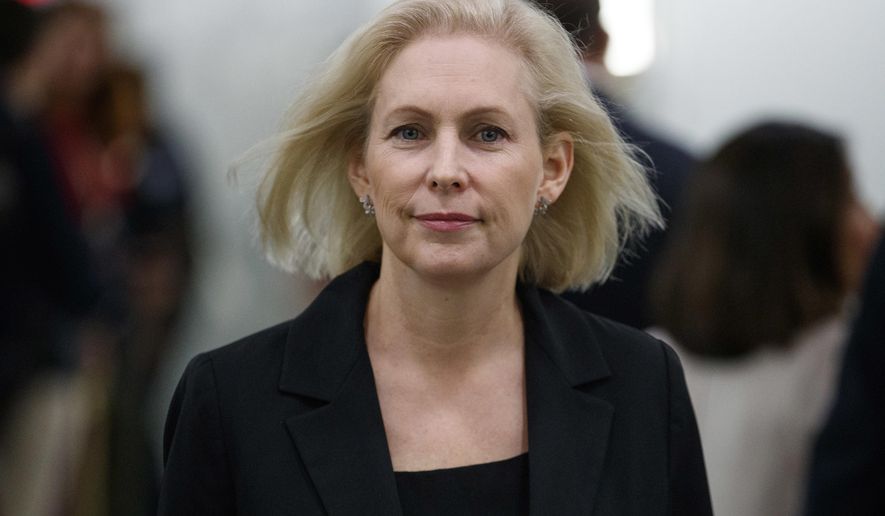 FILE- In this Sept. 27, 2018 file photo, Sen. Kirsten Gillibrand, D-N.Y., walks during a break in a Senate Judiciary Committee hearing on Capitol Hill in Washington. Gillibrand has canceled a debate Sunday, Oct. 21, 2018, against Republican Chele Farley because of a labor dispute involving the cable TV stations that were set to air the debate. Gillibrand, a Democrat running for re-election Nov. 6, said Friday, Oct. 19, 2018, she would withdraw from the Spectrum News debate because of the International Brotherhood of Electrical Workers strike against Spectrum&#39;s parent company, Charter Communications. (AP Photo/Carolyn Kaster, File)