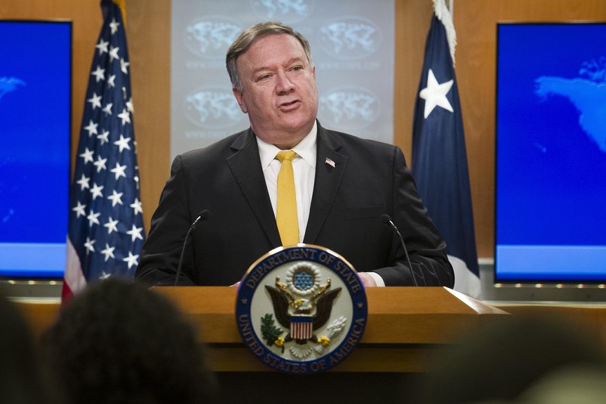 FILE - In this Wednesday, Oct. 3, 2018 file photo, Secretary of State Mike Pompeo briefs reporters at the State Department in Washington. No international letters, no international packages: A top official with a 192-country postal union says that's what Americans can expect if the Trump administration goes through with plans to pull of an international postal treaty over concerns about China. Pascal Clivaz, deputy director-general of the Switzerland-based Universal Postal Union, said on Friday, Oct. 19 the agency reached out quickly to U.S. officials after receiving a letter from U.S. Secretary of State Mike Pompeo this week announcing Washington's plan to pull out of the union in a year if the treaty isn't renegotiated. (AP Photo/Cliff Owen, file)