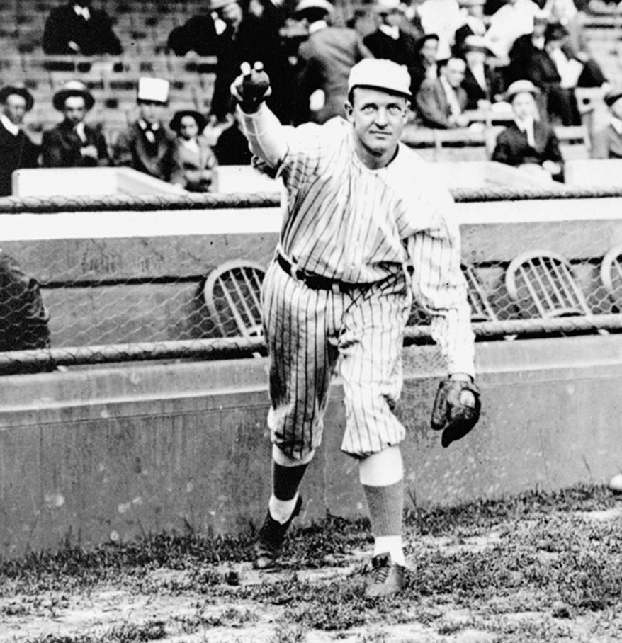 8. Christy Mathewson, New York Giants (1905)  Mathewson was the starting pitcher for the New York Giants in Game 1, and pitched a 4-hit shutout for the victory. Three days later, with the series tied 1–1, he pitched another 4-hit shutout. Then, two days later in Game 5, he threw a 6-hit shutout to clinch the series for the Giants over the Philadelphia Athletics. In a span of only six days, Mathewson had pitched three complete games without allowing a run while giving up only 14 hits.  This circa 1910 file photo shows New York Giants&#39; star pitcher Christy Mathewson. In 1905, Mathewson won the pitching triple crown and backed it up in the World Series with three shutouts in six days. (AP Photo, File)