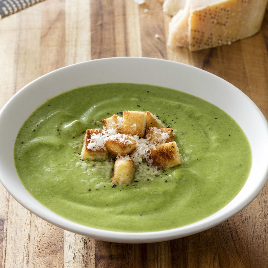 This undated photo provided by America's Test Kitchen in October 2018 shows a broccoli-cheese soup in Brookline, Mass. This recipe appears in the cookbook “All-Time Best Soups.” (Daniel J. van Ackere/America's Test Kitchen via AP)