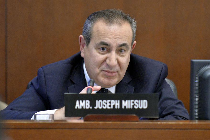 This Nov. 12, 2014 photo made available by the Organization of American States shows Maltese academic Joseph Mifsud during a meeting in Washington. It was Mifsud who allegedly dropped the first hint that the Russians were interfering into the 2016 U.S. presidential election and he has not been seen publicly for nearly a year. An Associated Press investigation published Monday, Oct. 22, 2018, shows it isn’t the first time Mifsud has gone to ground. (Juan Manuel Herrera/OAS via AP)