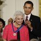 FILE - In this Aug. 12, 2009 file photo, President Barack Obama presents the 2009 Presidential Medal of Freedom to Sandra Day O&#x27;Connor.  O’Connor has stepped back from public life. The nation’s first female Supreme Court justice had for more than a decade after leaving the court in 2006 kept up an active schedule. She served as a visiting federal appeals court judge, spoke on issues she cared about and founded her own education organization. But the 88-year-old is now fully retired.  (AP Photo/J. Scott Applewhite)