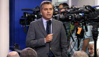 FILE - In this Aug. 2, 2018 file photo, CNN correspondent Jim Acosta does a stand up before the daily press briefing at the White House in Washington. Acosta says President Donald Trump’s attacks on the media must stop or there’s a risk someone will get hurt. He is one of the most visible members of the press corps covering Trump and a target for verbal abuse at the president’s rallies. He said Monday that Trump has, “normalized and sanitized nastiness and cruelty” in an unprecedented way. (AP Photo/Evan Vucci, File)