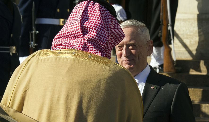 Defense Secretary Jim Mattis welcomes Saudi Crown Prince Mohammed bin Salman to the Pentagon in Washington, Thursday, March 22, 2018. (AP Photo/Cliff Owen)