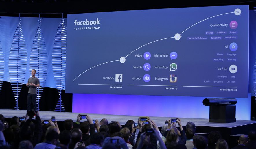 FILE- In this April 12, 2016, file photo, Facebook CEO Mark Zuckerberg talks about the company&#39;s 10-year roadmap during the keynote address at the F8 Facebook Developer Conference in San Francisco. Instagram along with Messenger and WhatsApp are serving as the social media giant’s insurance policy for a future that might not be dominated by its flagship service. (AP Photo/Eric Risberg, File)