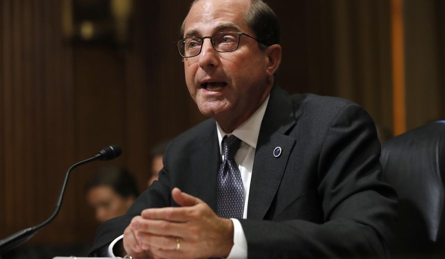 FILE - In this June 26, 2018 file photo, Health and Human Services Secretary Alex Azar speaks during a Senate Finance Committee hearing on Capitol Hill in Washington. Azar says the number of drug overdose deaths has begun to level off after years of relentless increases driven by the opioid epidemic. But Azar cautioned in a speech Tuesday it’s too early to declare victory. Still, the health chief says toward the end of last year and through the beginning of this year, the number of deaths “has begun to plateau.” (AP Photo/Jacquelyn Martin)