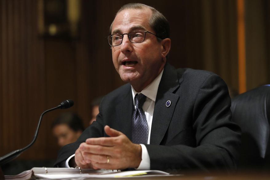 FILE - In this June 26, 2018 file photo, Health and Human Services Secretary Alex Azar speaks during a Senate Finance Committee hearing on Capitol Hill in Washington. Azar says the number of drug overdose deaths has begun to level off after years of relentless increases driven by the opioid epidemic. But Azar cautioned in a speech Tuesday it’s too early to declare victory. Still, the health chief says toward the end of last year and through the beginning of this year, the number of deaths “has begun to plateau.” (AP Photo/Jacquelyn Martin)