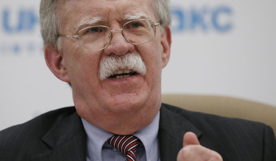 U.S. National security adviser John Bolton speaks to the media during a news conference in Moscow, Russia, Tuesday, Oct. 23, 2018. (AP Photo/Alexander Zemlianichenko)
