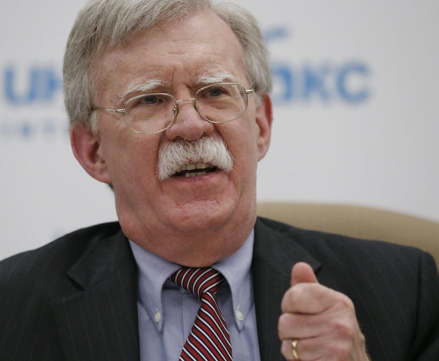 U.S. National security adviser John Bolton speaks to the media during a news conference in Moscow, Russia, Tuesday, Oct. 23, 2018. (AP Photo/Alexander Zemlianichenko)