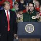 With President Donald Trump at his side, Wisconsin Gov. Scott Walker speaks during a rally Wednesday, Oct. 24, 2018, in Mosinee, Wis. (AP Photo/Mike Roemer) **FILE**