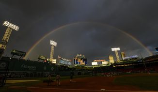 A rainbow is seen over Fenway Park before Game 2 of the World Series baseball game between the Boston Red Sox and the Los Angeles Dodgers Wednesday, Oct. 24, 2018, in Boston. (AP Photo/David J. Phillip)