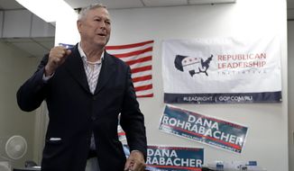 In this Oct. 17, 2018 image, California U.S. Rep. Dana Rohrabacher speaks to supporters at party offices in Laguna Niguel, Calif. Thirty years ago, Rohrabacher campaigned for Congress as the face of the Reagan revolution. This year, locked in a tight race in a Southern California district much changed from the one where he first was elected, even a Republican Party mailer makes no mention of him being a Republican. (AP Photo/Gregory Bull)