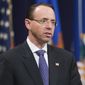 Deputy Attorney General Rod Rosenstein speaks during an event to announce new strategic actions to combat the opioid crisis at the Department of Justice&#39;s National Opioid Summit in the Great Hall at the Department of Justice, Thursday, Oct. 25, 2018, in Washington. (AP Photo/Alex Brandon) ** FILE **