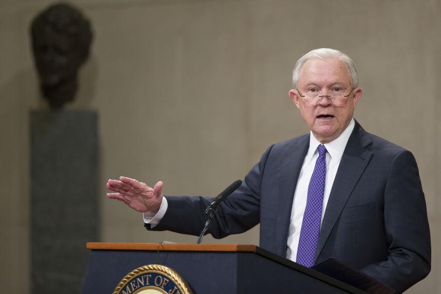 Attorney General Jeff Sessions speaks during an event to announce new strategic actions to combat the opioid crisis at the Department of Justice&#39;s National Opioid Summit in the Great Hall at the Department of Justice, Thursday, Oct. 25, 2018, in Washington. (AP Photo/Alex Brandon)