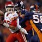 FILE - in this Oct. 1, 2018, file photo, Kansas City Chiefs quarterback Patrick Mahomes (15) scrambles as Denver Broncos linebacker Von Miller (58) pursues during the first half of an NFL football game in Denver. The two teams play each other again Sunday, Oct. 28. (AP Photo/David Zalubowski, File)