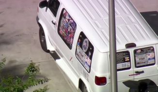 This frame grab from video provided by WPLG-TV shows a van parked in Plantation, Fla., on Friday, Oct. 26, 2018, that federal agents and police officers have been examining in connection with package bombs that were sent to high-profile critics of President Donald Trump. The van has several stickers on the windows, including American flags, decals with logos and text. (WPLG-TV via AP)