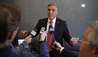 Challenger U.S. Rep. Lou Barletta meets with reporters following his second debate with U.S. Sen. Bob Casey, D-PA, Friday Oct. 26, 2018, in the studio of KDKA-TV in Pittsburgh. Casey, 58, of Scranton, is seeking a third six-year term. Barletta, 62, of Hazleton, is in his fourth term in Congress. (AP Photo/Gene J. Puskar) ** FILE **