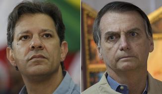 FILE - This file photo combo shows Brazilian presidential candidate of the Workers&#x27; Party Fernando Haddad, left, in Sao Paulo on Oct. 16, 2018, and his opponent and frontrunner Jair Bolsonaro in Rio de Janeiro on Oct. 17, 2018. Brazil votes on Sunday, Oct. 28, to elect its next president.  (AP Photo/Andre Penner, Silvia Izquierdo)