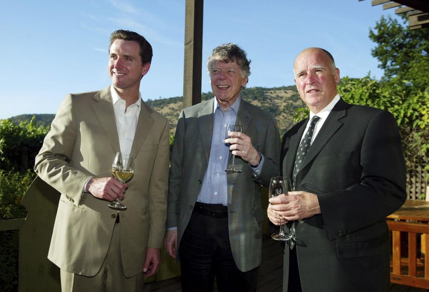 FILE - In this June 3, 2004, file photo San Francisco Mayor Gavin Newsom, left, Gordon Getty, center, and Oakland Mayor Jerry Brown, right, enjoy a pre-dinner glass of wine during a hospitality event of the Napa Valley Wine Auction at the PlumpJack Winery in Oakville, Calif. Plumpjack was co-founded by Newsom with financial backing from Getty, the heir to an oil fortune. Newsom, the front-runner in the race for California governor, is adamant he won't sell his interests but otherwise is deferring decisions about how to handle potential conflicts until after the election. (AP Photo/Eric Risberg, File)