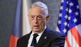 U.S. Defense Secretary Jim Mattis, talks to journalists during a press conference with Czech Prime Minister Andrej Babis, not shown, in Prague, Czech Republic, Sunday, Oct. 28, 2018. Mattis arrives in Prague to mark the 100th anniversary of the 1918 creation of the Czechoslovak state. (Roman Vondrous/CTK via AP)
