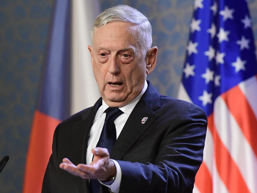 U.S. Defense Secretary Jim Mattis, talks to journalists during a press conference with Czech Prime Minister Andrej Babis, not shown, in Prague, Czech Republic, Sunday, Oct. 28, 2018. Mattis arrives in Prague to mark the 100th anniversary of the 1918 creation of the Czechoslovak state. (Roman Vondrous/CTK via AP)
