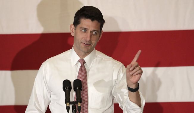 In this Oct. 17, 2018, file photo, U.S. House Speaker Paul Ryan speaks during a campaign event for Jay Webber, Republican candidate for Congress in the 11th District of New Jersey, in Hanover, N.J. (AP Photo/Julio Cortez, File)