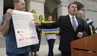 Carl DeMaio, who is leading the Proposition 6 campaign to repeal a recent gas tax increase, gestures towards a mockup of a ballot calling for voters to approve Prop. 6 on the November ballot, during a new conference Monday, Oct. 29, 2018, in Sacramento, Calif. DeMaio says that if the bid fails he&#39;ll seek to recall Democratic Attorney General Xavier Becerra saying Becerra wrote a deceiving ballot title. (AP Photo/Rich Pedroncelli)