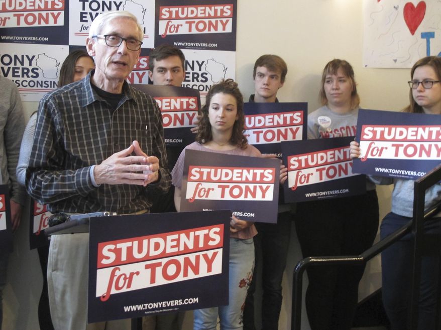 Wisconsin Democratic candidate for governor Tony Evers speaks at an early voting event on the University of Wisconsin-Madison campus Monday, Oct. 29, 2018, in Madison, Wis. Evers says he thinks the state's concealed carry law is working but he wants to be sure licensing requirements are adequate. (AP Photo/Scott Bauer)