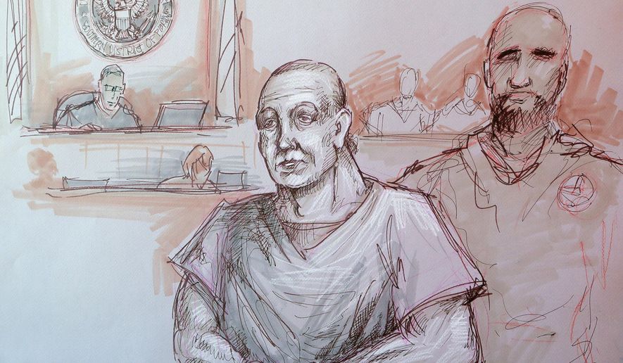 In this courtroom sketch, Cesar Sayoc, left, appears in federal court, Monday, Oct. 29, 2018, in Miami. Sayoc is accused of sending pipe bombs to prominent Democrats around the country. A judge will hold a hearing Friday on whether Sayoc can be released on bail. (Daniel Pontet via AP)