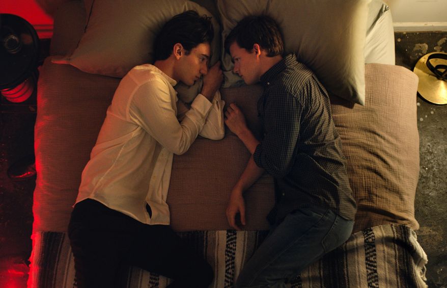 This image released by Focus Features shows Theodore Pellerin, left, and Lucas Hedges in a scene from "Boy Erased." (Focus Features via AP)