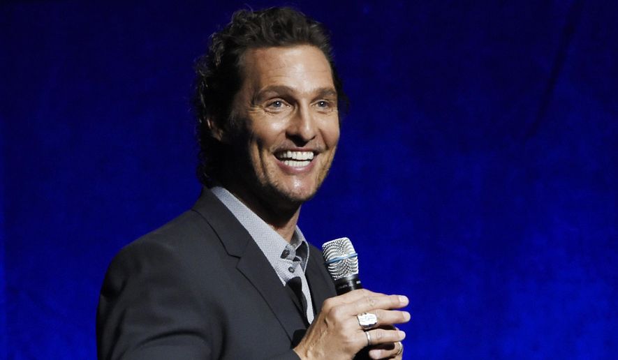 FILE - In this April 23, 2018 file photo, Matthew McConaughey, a cast member in the upcoming film &amp;quot;White Boy Rick,&amp;quot; speaks during the Sony Pictures Entertainment presentation at CinemaCon 2018 in Las Vegas. Firefighters, police officers and 911 operators in Houston got a surprise from a famous local as McConaughey delivered a catered lunch as way to give thanks on National First Responders Day. (Photo by Chris Pizzello/Invision/AP, File)