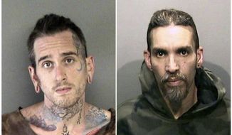 FILE - This combination of file June 2017 booking photos released by the Alameda County Sheriff&#39;s Office shows Max Harris, left, and Derick Almena, at Santa Rita Jail in Alameda County, Calif. Harris and Almena, the two men charged with involuntary manslaughter for the 2016 warehouse blaze that killed three dozen partygoers, will face trial in Oakland early next year. (Alameda County Sheriff&#39;s Office via AP, File)