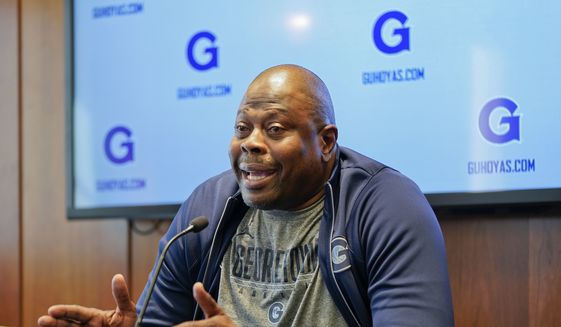 Georgetown University men&#39;s basketball head coach Patrick Ewing speaks about the upcoming season during a news conference at Georgetown University, Tuesday, Oct. 30, 2018, in Washington. (AP Photo/Pablo Martinez Monsivais) **FILE**