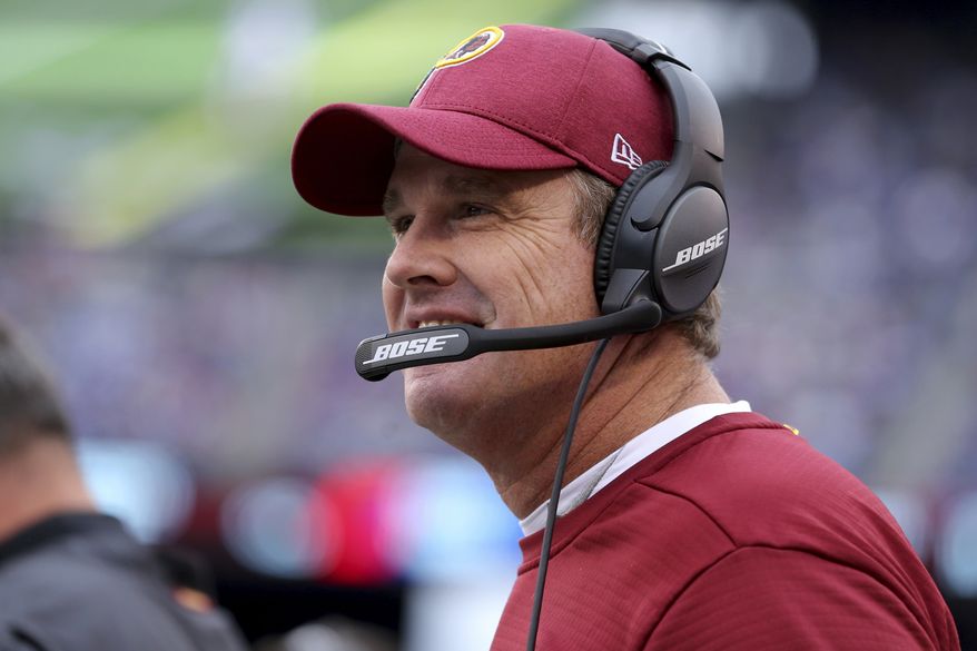 Washington Redskins head coach Jay Gruden coaches against the New York Giants during an NFL football game on Sunday, Oct. 28, 2018, in East Rutherford, N.J. (Brad Penner/AP Images for Panini) **FILE **