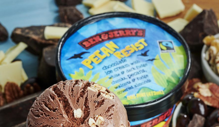 This undated product image provided by Ben &amp;amp; Jerry’s shows the rebranded ice cream flavor Pecan Resist. Ben &amp;amp; Jerry’s says it’s taking a stand against what it calls the Trump administration’s regressive policies with the ice cream flavor. The company and its founders have unveiled the limited batch ice cream flavor Tuesday, Oct. 30, 2018, in Washington ahead of the midterm elections. (Ben &amp;amp; Jerry’s via AP)