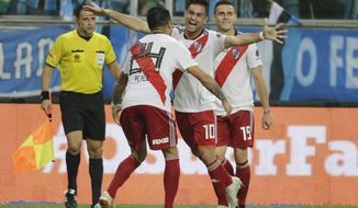Gonzalo Martinez of Argentina&#39;s River Plate (10) celebrates scoring from the penalty spot his side&#39;s second goal against Brazil&#39;s Gremio during a Copa Libertadores second leg semifinal match in Porto Alegre, Brazil, Tuesday, Oct. 30, 2018. (AP Photo/Edison Vara)