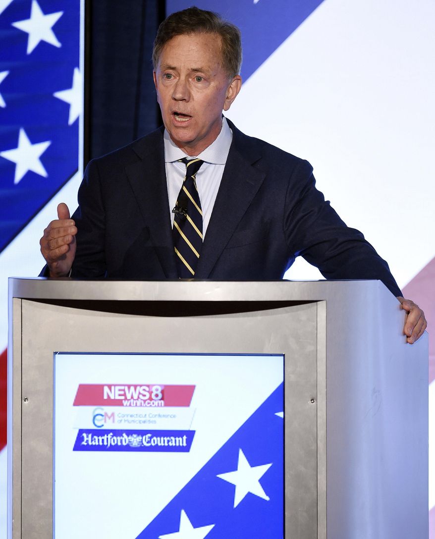 Democrat Ned Lamont answers a question as he and the other two leading candidates for Connecticut Governor; petitioning candidate Oz Griebel, and Republican Bob Stefanowski, face off in their final gubernatorial debate one week before the election Tuesday, Oct. 30, 2018 at at the Premier Ballroom at Foxwoods in Ledyard, Conn. (Sean D. Elliot/The Day via AP)