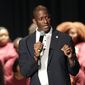 Democratic candidate for Florida governor Andrew Gillum speaks to students and supporters at Bethune-Cookman University, Friday, Oct. 26, 2018, in Daytona Beach, Fla. (AP Photo/John Raoux)