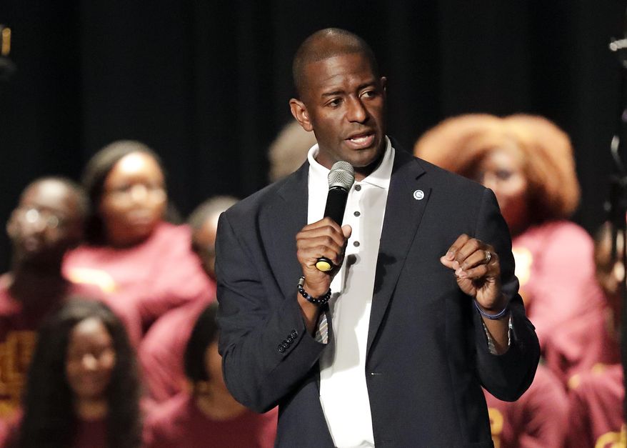 Democratic candidate for Florida governor Andrew Gillum speaks to students and supporters at Bethune-Cookman University, Friday, Oct. 26, 2018, in Daytona Beach, Fla. (AP Photo/John Raoux)