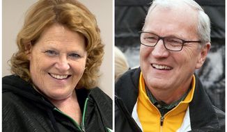 FILE - This combination of file photos shows North Dakota Senate candidates in the November 2018 election from left, incumbent Democratic Sen. Heidi Heitkamp and her Republican challenger Kevin Cramer. (AP Photo/Bruce Crummy, File)