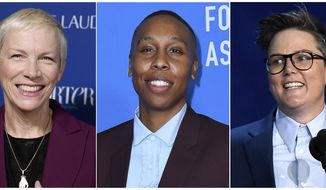 This combination photo shows Annie Lennox at Porter&#39;s 3rd Annual Incredible Women Gala in Los Angeles on Oct. 9, 2018, left, Lena Waithe  at the Hollywood Foreign Press Association Grants Banquet in Beverly Hills on Aug. 9, 2018, center, and Hannah Gadsby at the 70th Primetime Emmy Awards in Los Angeles on Sept. 17, 2018. The three are headlining a movie academy lunch celebrating a new initiative to advance the careers of female filmmakers. (Photo by Chris Pizzello/Invision/AP)